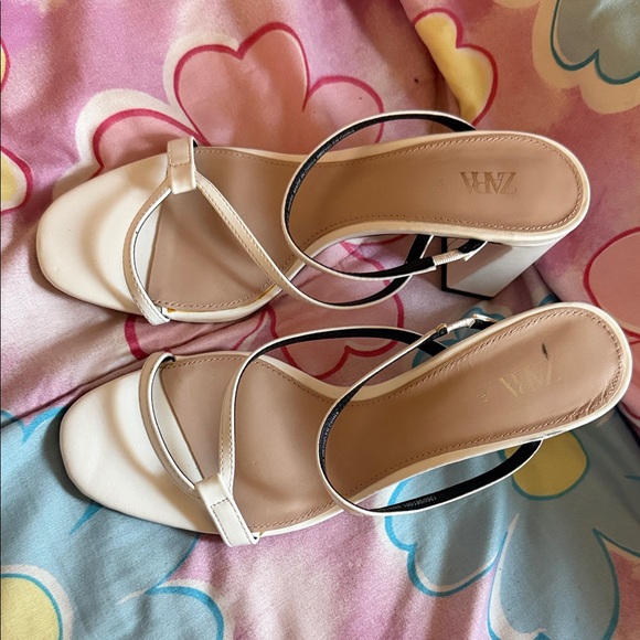 Zara Shoes - Zara Cream Strappy Block Heel Sandals with Thin Ankle Strap